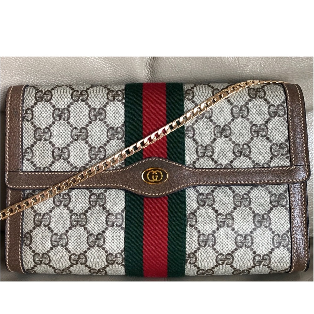 Gucci GG Pattern Crossbody Bag with Red and Green Stripe